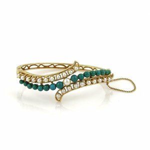 Vintage 14k Gold Natural Pearls Turquoise Bangle